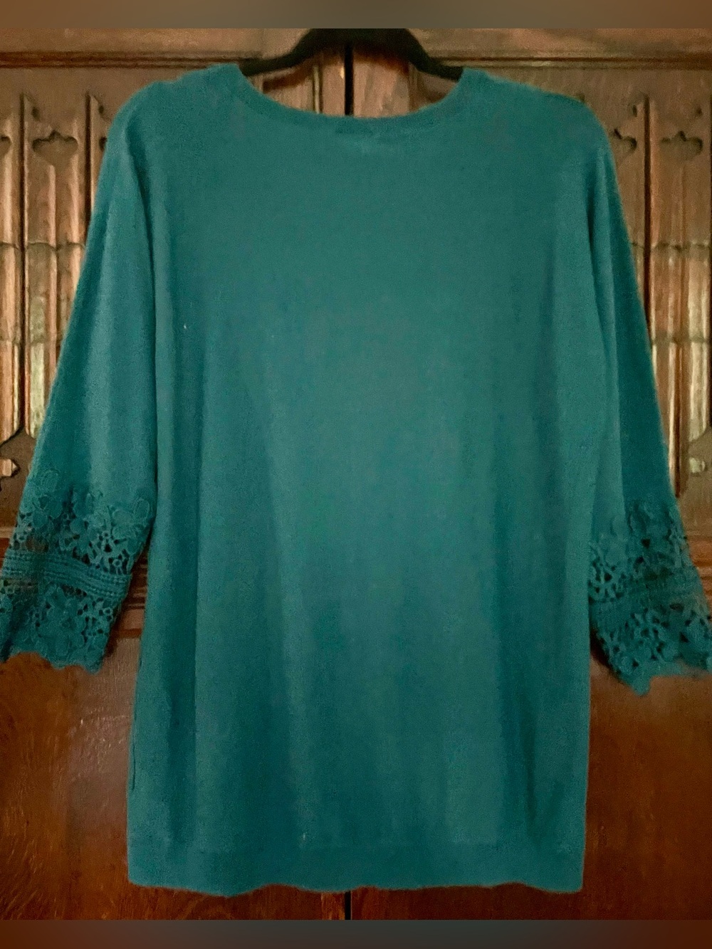 Vintage Talbots Teal Crochet Sleeve Scoop Neck Top Size M - Picture 2 of 5